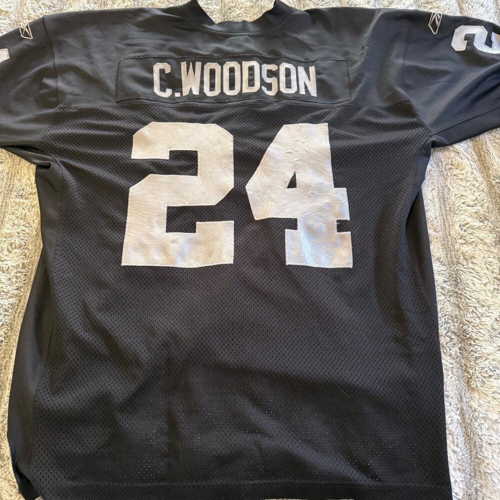Vintage Reebok NFL C. Woodson #24 Raiders Black Mesh Jersey Size 54